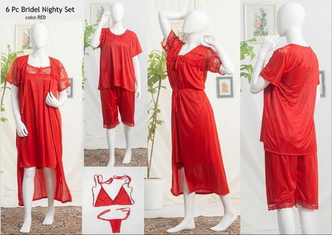 6 PCs Bridal Satin Nighty Set with Matching Thong & Bralette
