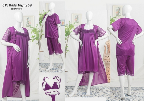 6 PCs Bridal Satin Nighty Set with Matching Thong & Bralette