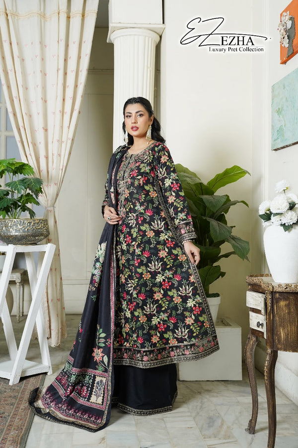 Midnight Ebony Floral Embroidered 3-Piece Lawn Suit