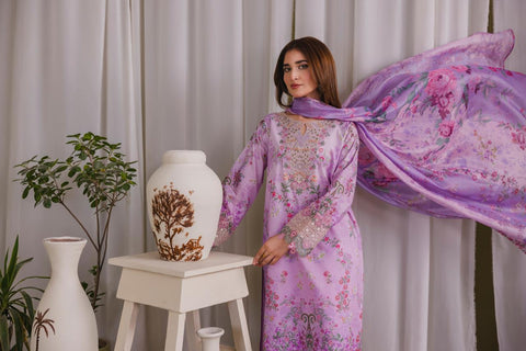 Lavender Blossom Embroidered 3-Piece Organza Suit