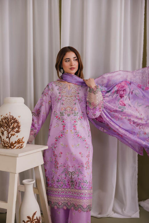 Lavender Blossom Embroidered 3-Piece Organza Suit