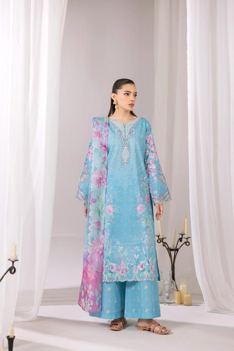 Sky Blue Floral Embroidered 3-Piece Lawn Suit