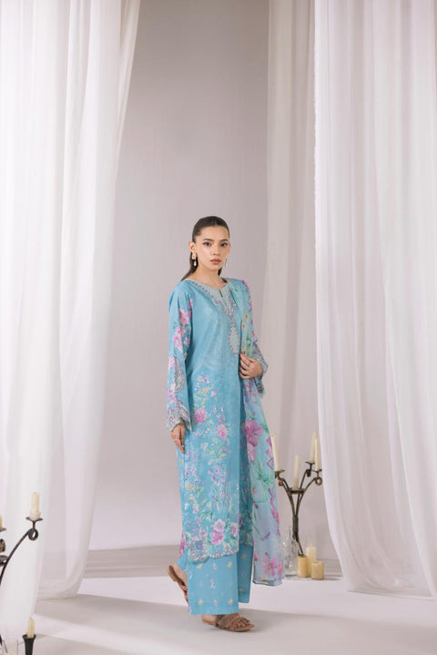 Sky Blue Floral Embroidered 3-Piece Lawn Suit
