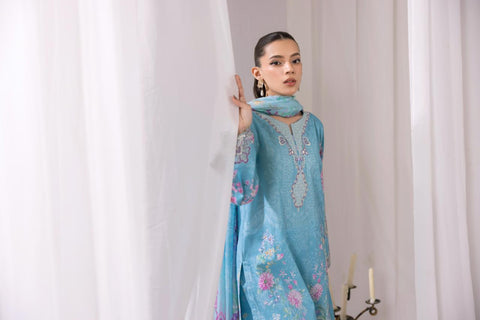 Sky Blue Floral Embroidered 3-Piece Lawn Suit