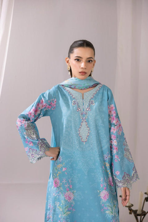 Sky Blue Floral Embroidered 3-Piece Lawn Suit
