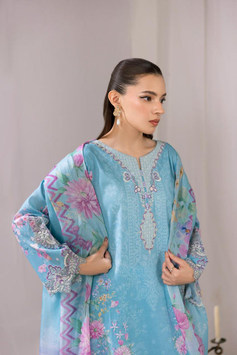 Sky Blue Floral Embroidered 3-Piece Lawn Suit