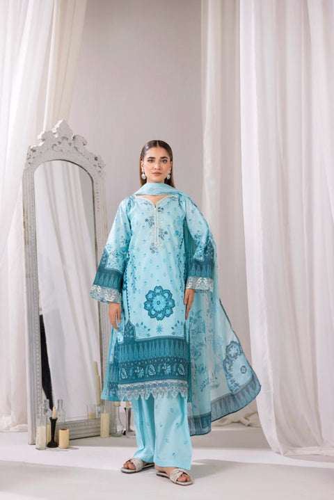 Sky Blue Floral Embroidered 3-Piece Lawn Suit