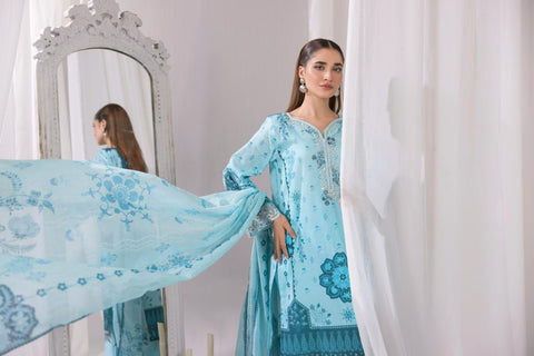 Sky Blue Floral Embroidered 3-Piece Lawn Suit
