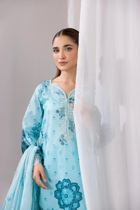 Sky Blue Floral Embroidered 3-Piece Lawn Suit