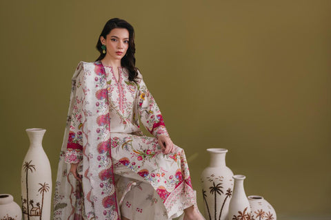 Cream Floral Embroidered 3-Piece Lawn Suit