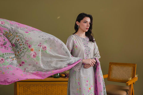 Sage Grey Embroidered 3-Piece Lawn Suit with Magenta Dupatta