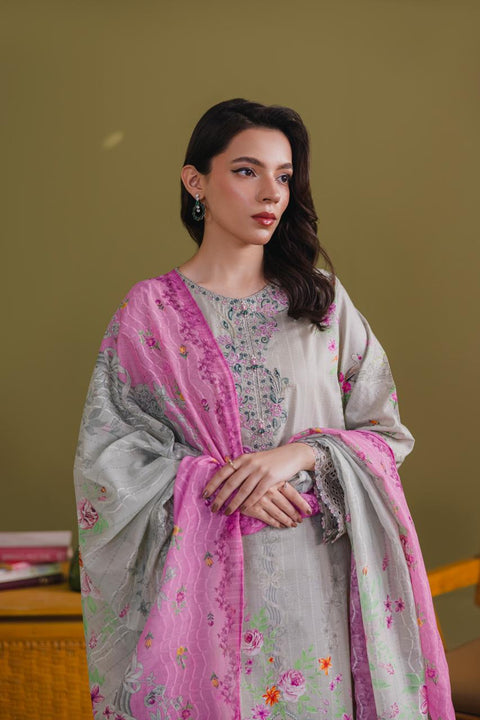 Sage Grey Embroidered 3-Piece Lawn Suit with Magenta Dupatta
