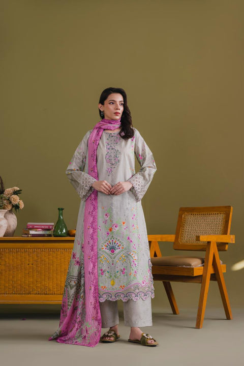 Sage Grey Embroidered 3-Piece Lawn Suit with Magenta Dupatta